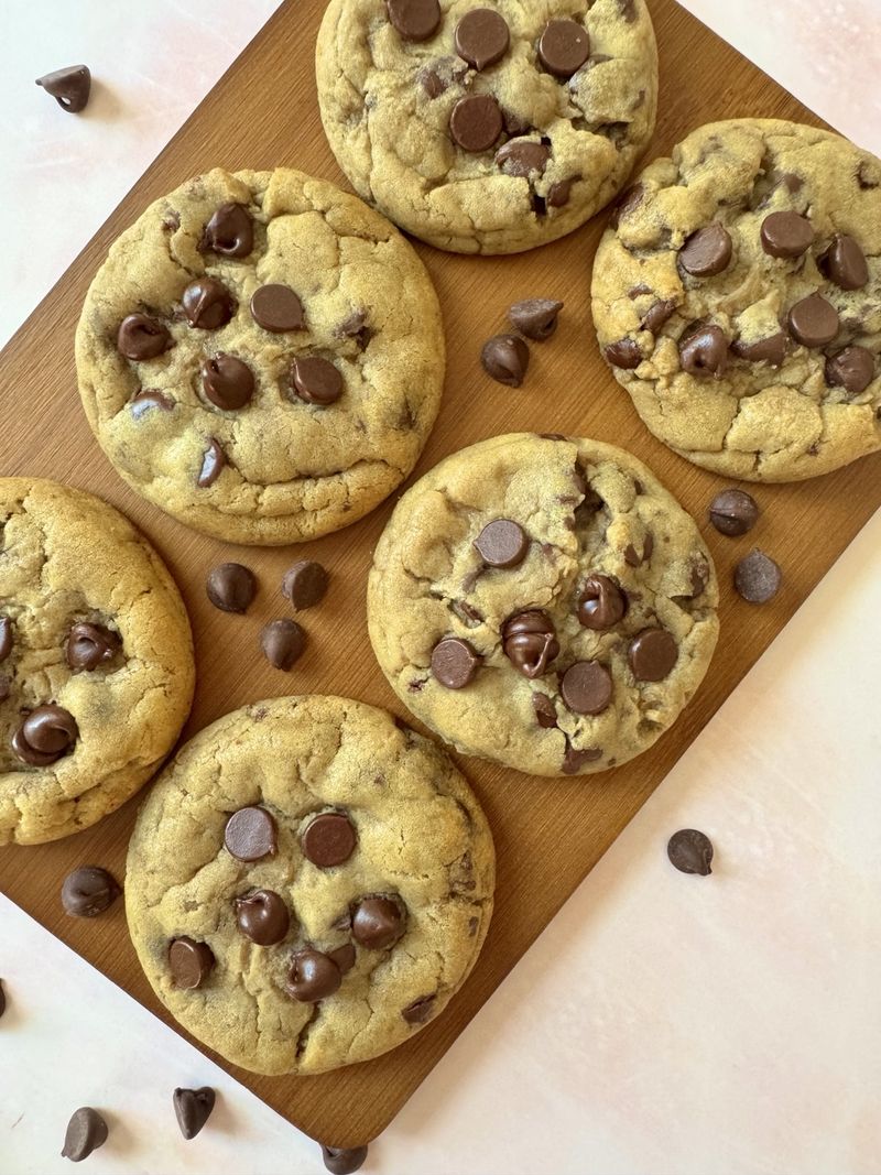 Chocolate chip cookies on a wooden board